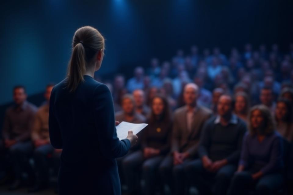 Person confidently speaking in front of an engaged audience